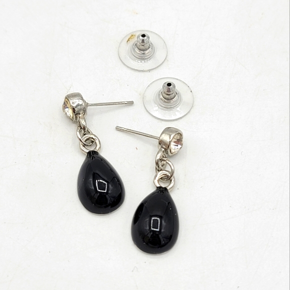 Pavé Rhinestone Teardrop Asymmetrical Ribbon Black Enamel Necklace Earrings Set - Picture 7 of 11